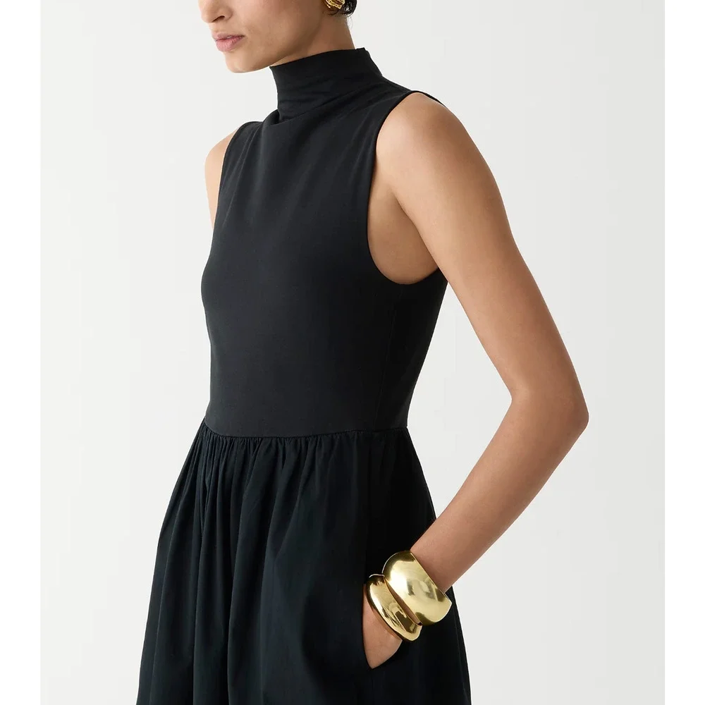J.Crew Fitted Knit Mockneck Dress Poplin A Line Skirt Black Minimalist XXS NWT